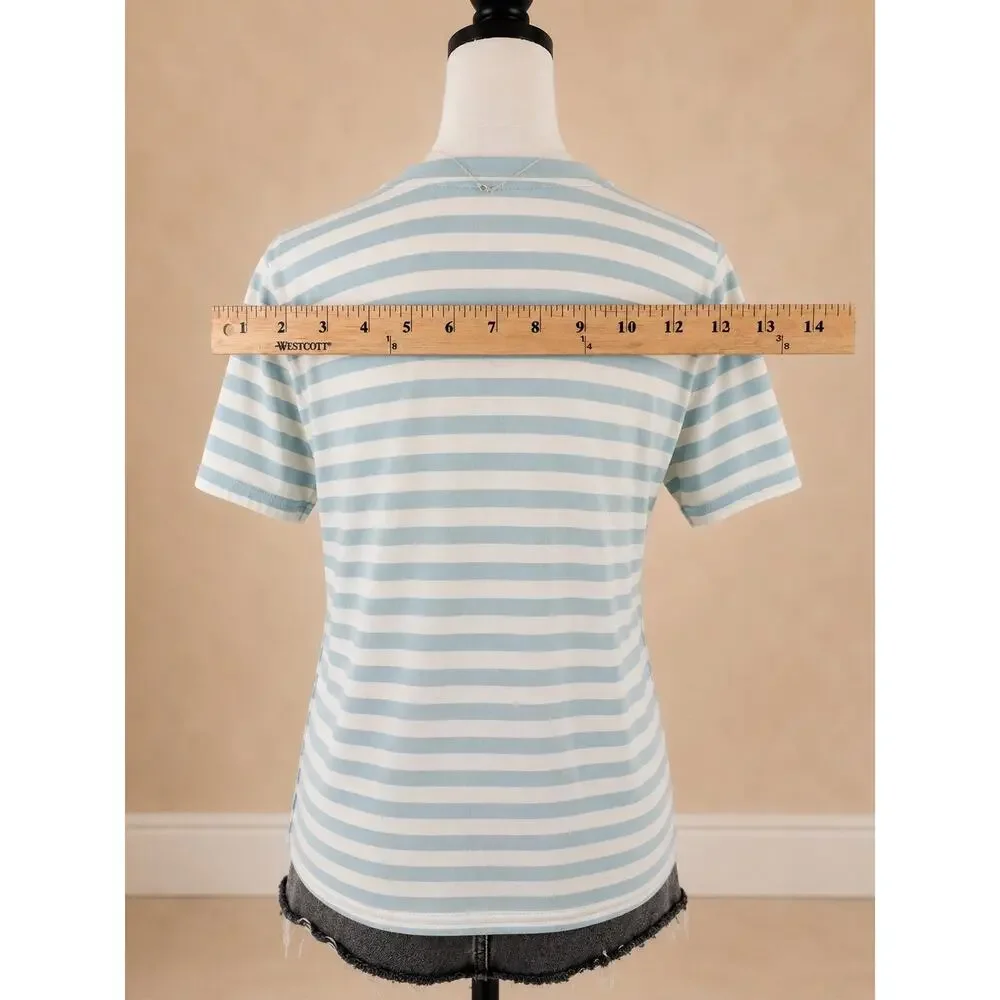 Coach Women’s Small Blue White Striped Logo T-Shirt 100% Cotton Y2K